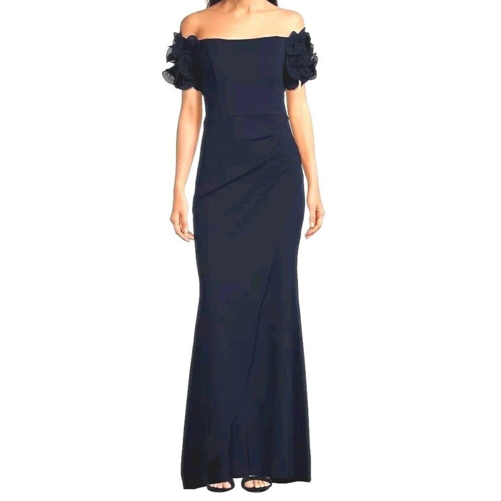 XSCAPE Navy Off Shoulder Rosette Sleeve Mermaid Gown Dress Ruched Formal Size 6